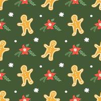 Gingerbread man with snowflakes on green background, vector Christmas seamless pattern