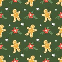 Gingerbread man with snowflakes on green background, vector Christmas seamless pattern