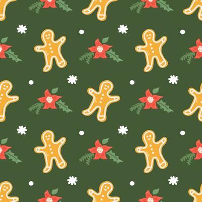 Gingerbread man with snowflakes on green background, vector Christmas seamless pattern