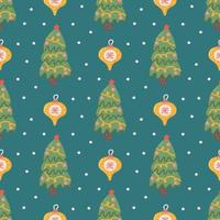 Christmas vector seamless pattern in flat style, Christmas tree and decoration on green background