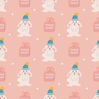 Christmas vector seamless pattern in flat style, rabbit and gift on pink background