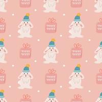 Christmas vector seamless pattern in flat style, rabbit and gift on pink background