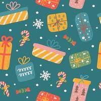 Christmas gift boxes with sweets on green background, vector seamless pattern in flat style