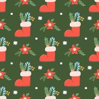 Christmas vector seamless pattern, boots with decorations, berries and sweets on green background