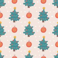 Christmas vector seamless pattern in flat style, Christmas tree and decoration