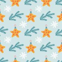 Christmas tree toys with spruce branches in flat style on green background, vector seamless pattern