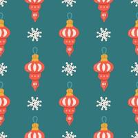 Christmas tree toy, decoration with snowflake, vector seamless pattern on green background