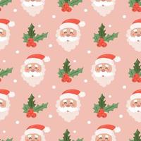 Cheerful Santa face with holly on pink background with snowflakes, vector seamless Christmas pattern