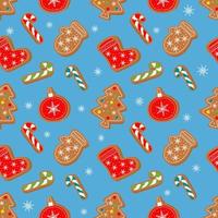 Winter Christmas seamless pattern with gingerbread and cookies on a blue background.  Symbols of a Happy New Year and Christmas. Home decorations, gift wrapping paper, covers, fabrics. vector