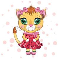 Cartoon lioness in a beautiful dress with bows and flowers. Girl character, wild animal with human traits vector