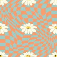 Retro Smile Chamomile Seamless Pattern on 1970 Wavy Swirl Seamless Pattern. Hippie Aesthetic. vector