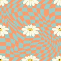 Retro Smile Chamomile Seamless Pattern on 1970 Wavy Swirl Seamless Pattern. Hippie Aesthetic. vector