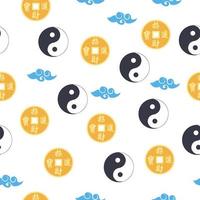 patrón chino sin costuras con moneda china feng shui con agujero, símbolo yin yang vector