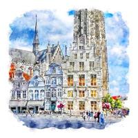 Mechelen Belgium Watercolor sketch hand drawn illustration vector