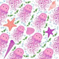 Seamless pattern with detailed transparent jellyfish. Childish seamless pattern with cute hand drawn fishes and jellyfishes in doodle style. Trendy nursery background vector