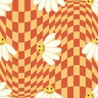 Retro Smile Chamomile Seamless Pattern on 1970 Wavy Swirl Seamless Pattern. Hippie Aesthetic. vector