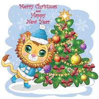 Merry Christmas and Happy New year. Funny lion in red hat with gift in cartoon style. Greeting card. vector