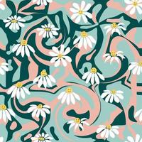 Groovy daisy retro seamless pattern. Retro Smile Chamomile Pattern on 1970 Hippie Aesthetic. vector