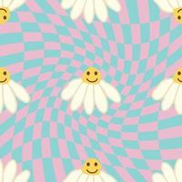 Retro Smile Chamomile Seamless Pattern on 1970 Wavy Swirl Seamless Pattern. Hippie Aesthetic. vector