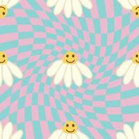 Retro Smile Chamomile Seamless Pattern on 1970 Wavy Swirl Seamless Pattern. Hippie Aesthetic. vector