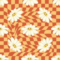 Retro Smile Chamomile Seamless Pattern on 1970 Wavy Swirl Seamless Pattern. Hippie Aesthetic. vector