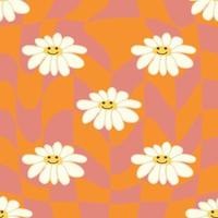 Retro Smile Chamomile Seamless Pattern on 1970 Wavy Swirl Seamless Pattern. Hippie Aesthetic. vector