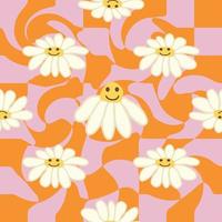 Retro Smile Chamomile Seamless Pattern on 1970 Wavy Swirl Seamless Pattern. Hippie Aesthetic. vector