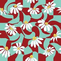 Groovy daisy retro seamless pattern. Retro Smile Chamomile Pattern on 1970 Wavy Swirl. Hippie Aesthetic. vector