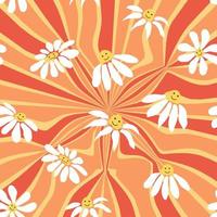 Groovy daisy retro seamless pattern. Retro Smile Chamomile Pattern on 1970 Hippie Aesthetic. vector