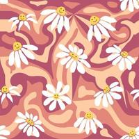 Groovy daisy retro seamless pattern. Retro Smile Chamomile Pattern on 1970 Hippie Aesthetic. vector