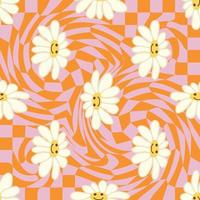 Retro Smile Chamomile Seamless Pattern on 1970 Wavy Swirl Seamless Pattern. Hippie Aesthetic. vector