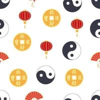 Chinese seamless pattern with feng shui chinese coin with hole, yin-yang, fan, paper lantern vector