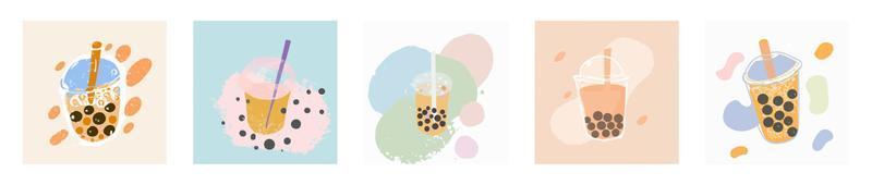 té con leche de burbujas, té con leche de perlas, diferentes tipos de boba. deliciosas bebidas. vector