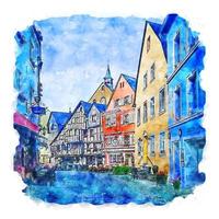 Architecture Germany Watercolor sketch hand drawn illustration vector