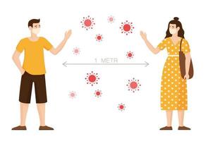 Social distance in coronavirus epidemic. Girl and guy mask maintain safe distance from vector coronovirus.