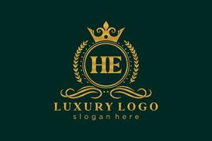 Initial HE Letter Royal Luxury Logo template in vector art for Restaurant, Royalty, Boutique, Cafe, Hotel, Heraldic, Jewelry, Fashion and other vector illustration.