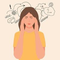 mujer con problema nervioso siente ansiedad y confusión de pensamientos vector flat.girl con ansiedad toca la cabeza rodeada de pensamiento