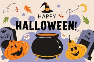 cartel de vector de halloween feliz, pancarta, invitación con calabazas naranjas aterradoras y divertidas.