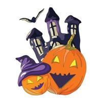 pumpkin lantern and old castle halloween vector illustration