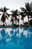 Empty swimming pool with coconut palm trees on a background of sea on sunset. photo