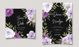 Beautiful purple flower wedding invitation card design vector