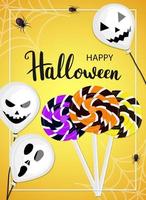 feliz tarjeta de halloween con globos, dulces y arañas vector