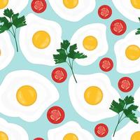 Fried eggs, tomatoes and parsley seamless pattern vector