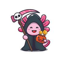 lindo ajolote parca sosteniendo guadaña y calabaza de halloween. linda ilustración de dibujos animados de halloween. vector