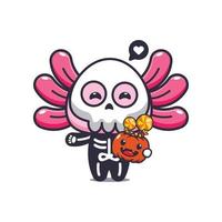 lindo axolotl con disfraz de esqueleto sosteniendo calabaza de halloween. linda ilustración de dibujos animados de halloween. vector