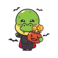 lindo vampiro dino sosteniendo calabaza de halloween. linda ilustración de dibujos animados de halloween. vector