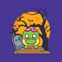 lindo zombie dino se levanta del cementerio en el día de halloween. linda ilustración de dibujos animados de halloween. vector