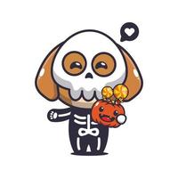 lindo perro con disfraz de esqueleto sosteniendo calabaza de halloween. linda ilustración de dibujos animados de halloween. vector