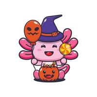 linda bruja axolotl sosteniendo globos y dulces de halloween. linda ilustración de dibujos animados de halloween. vector
