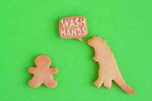 Homemade cookies in shapes of dinosaur and man with inscription - Wash hands - on green background, top view. Sweet shortbread with white glaze. Social distancing concept. photo
